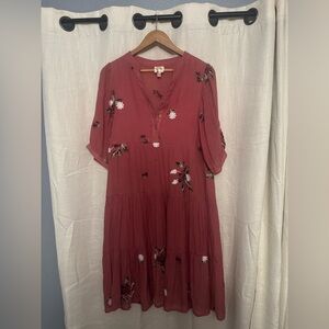 Anthropologie Fig and Flower Rose Floral Embroidered Midi Dress